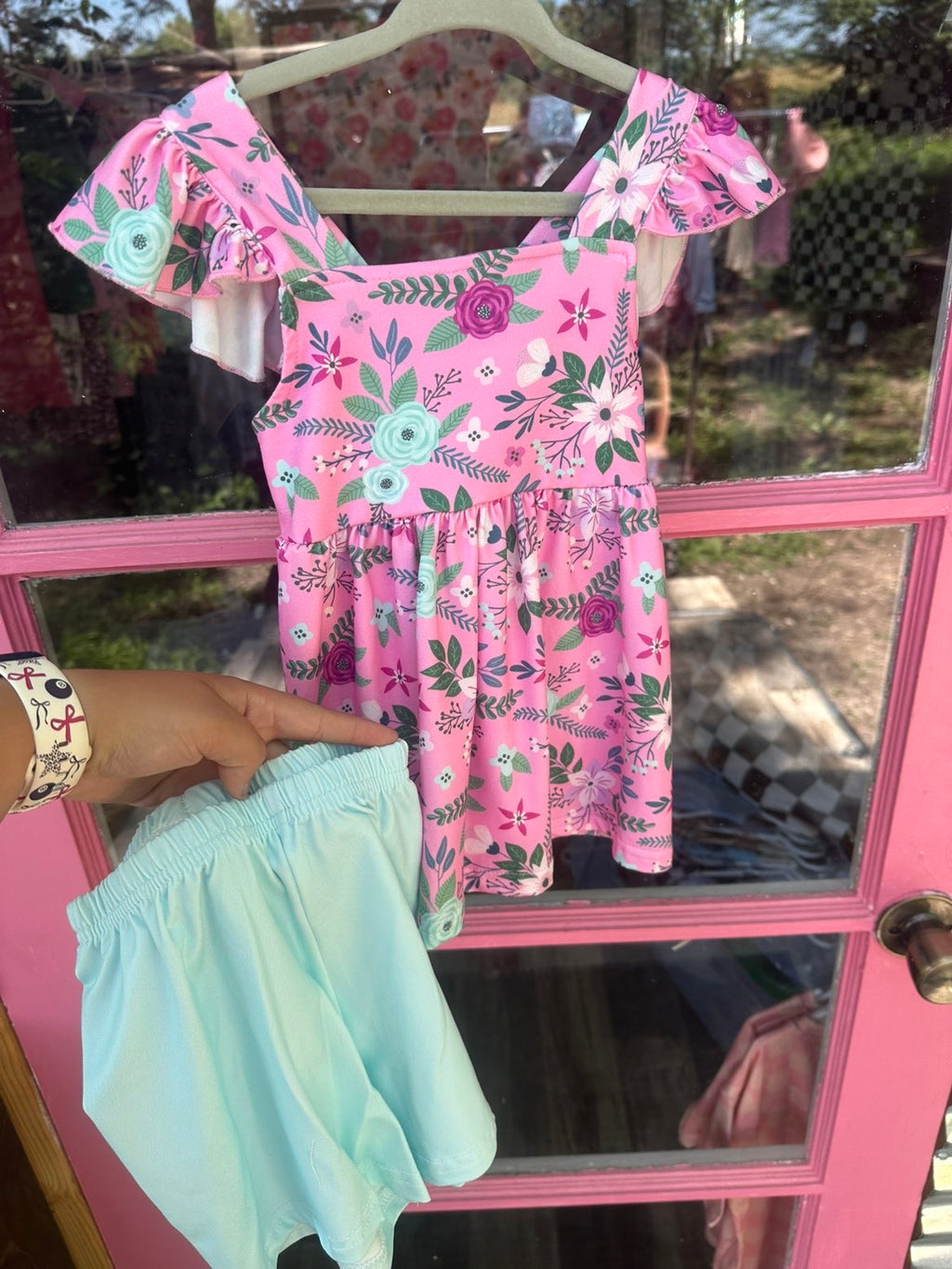 Pink Floral Dress with Teal Shorts