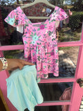 Pink Floral Dress with Teal Shorts