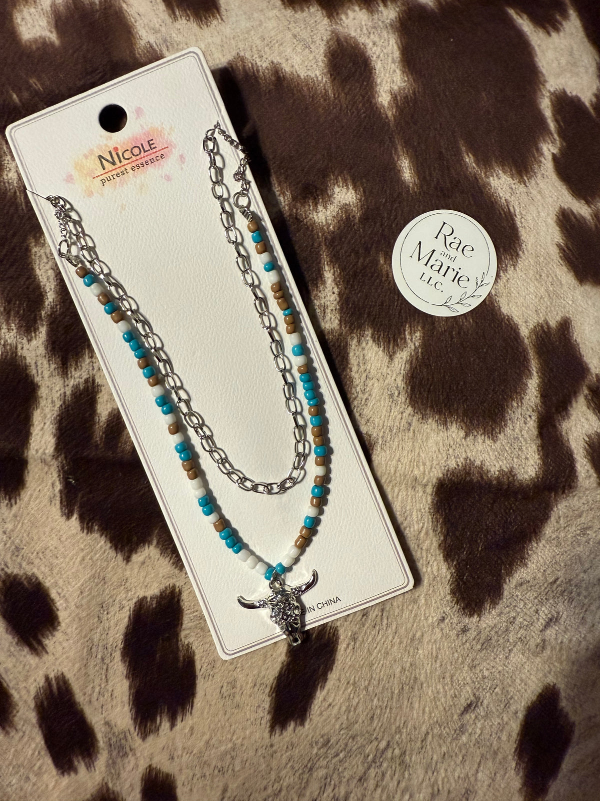(Silver) Brown, White, and Blue Bull Skull Necklace