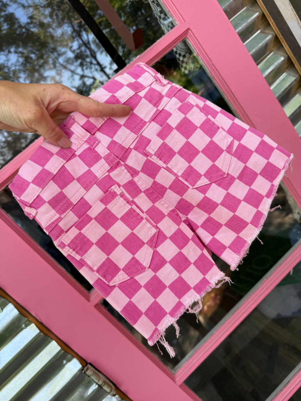 Pink Checkard Jean Shorts