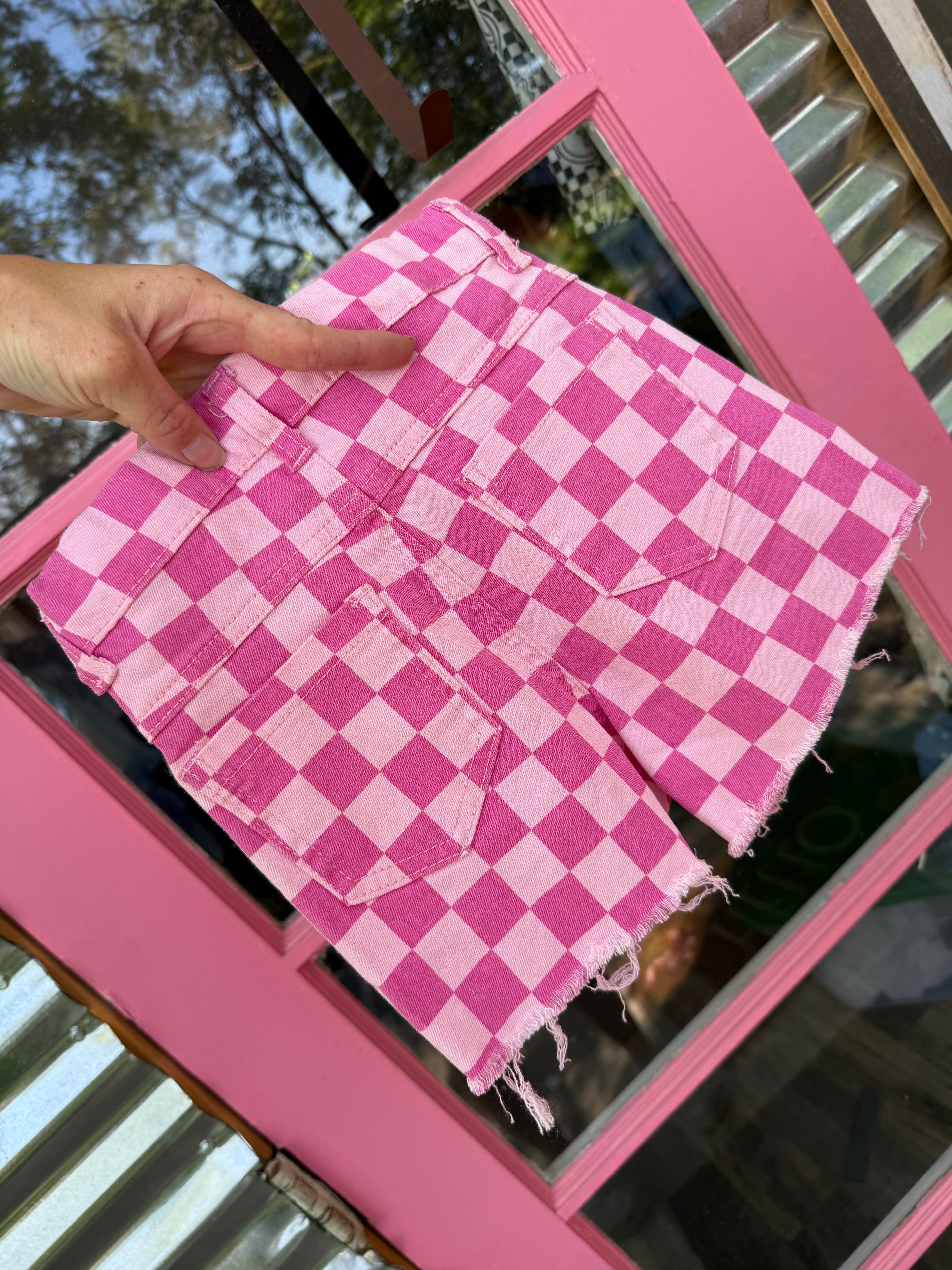 Pink Checkard Jean Shorts
