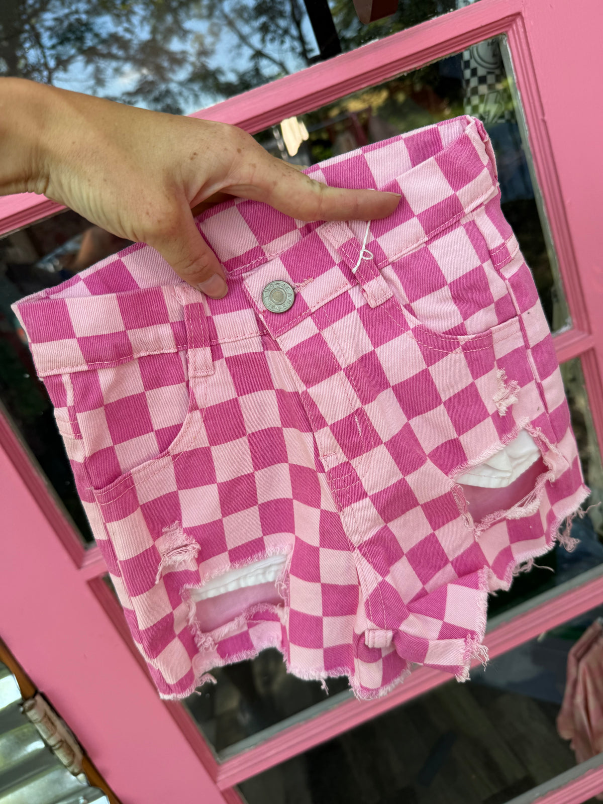 Pink Checkard Jean Shorts
