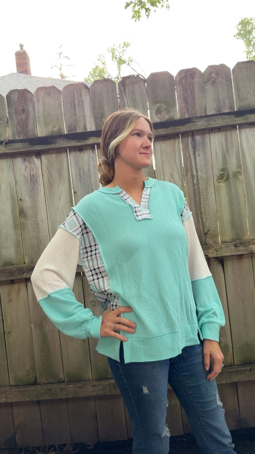 Aqua Patchwork Split Long Sleeve