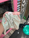 Green Gingham w/Pink hem Swim Trunks