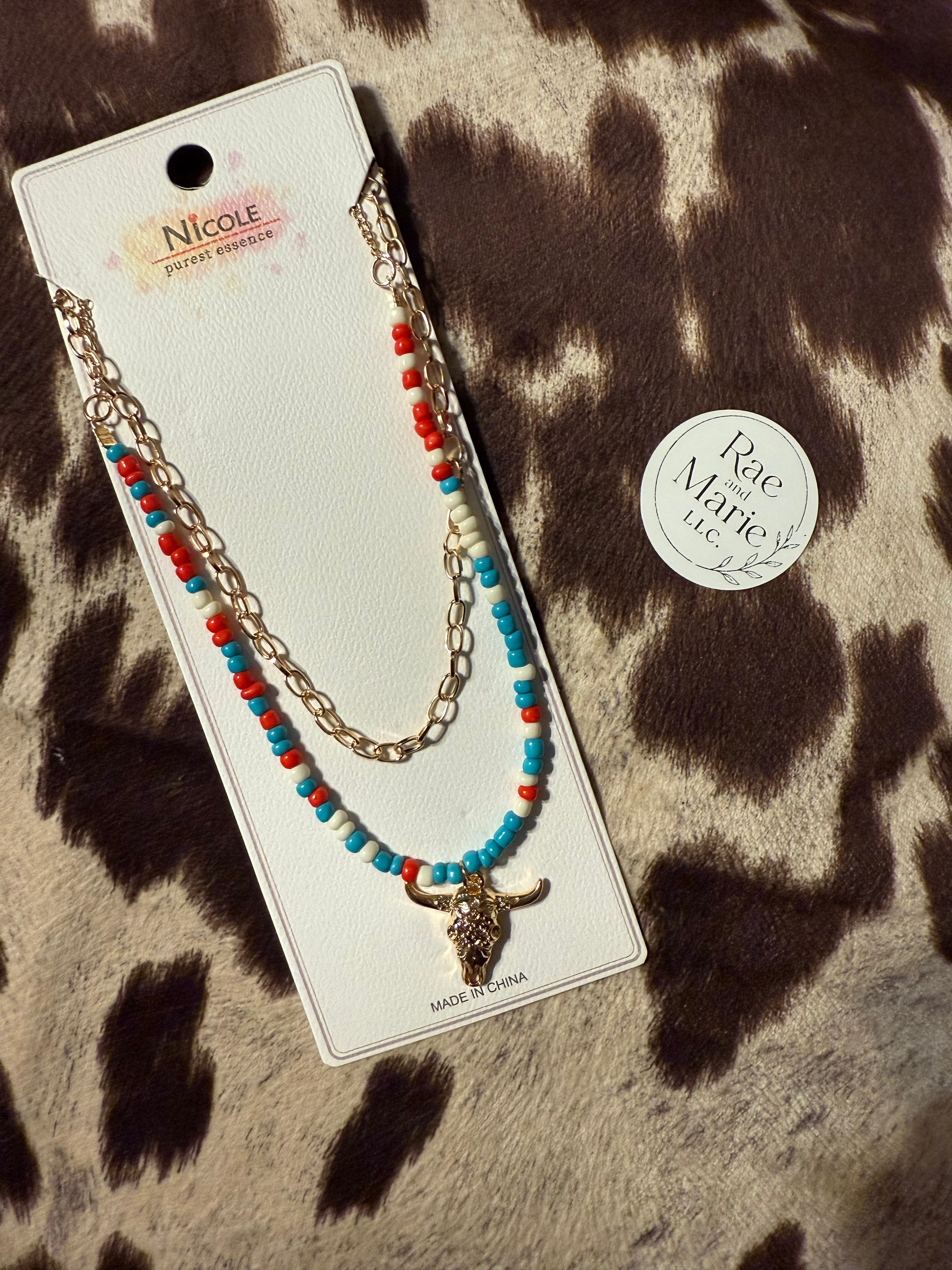 (Gold) Red, White, and Blue Bull Skull Necklace
