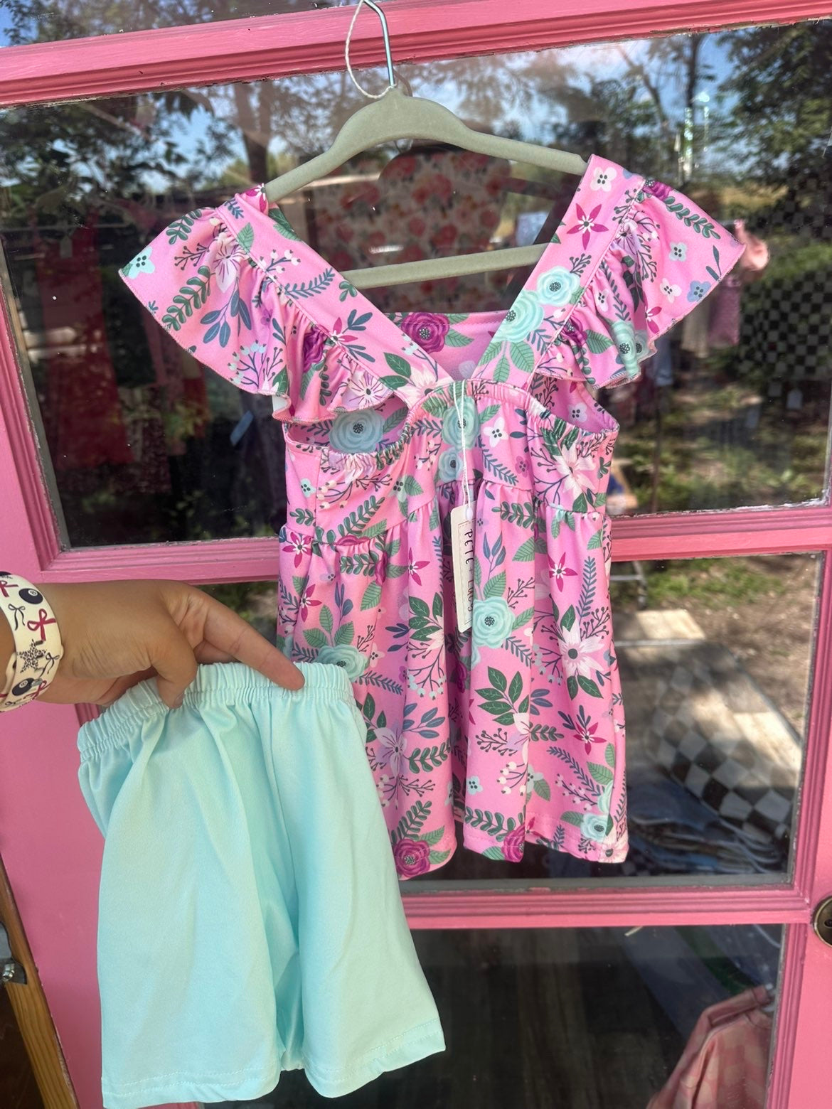 Pink Floral Dress with Teal Shorts