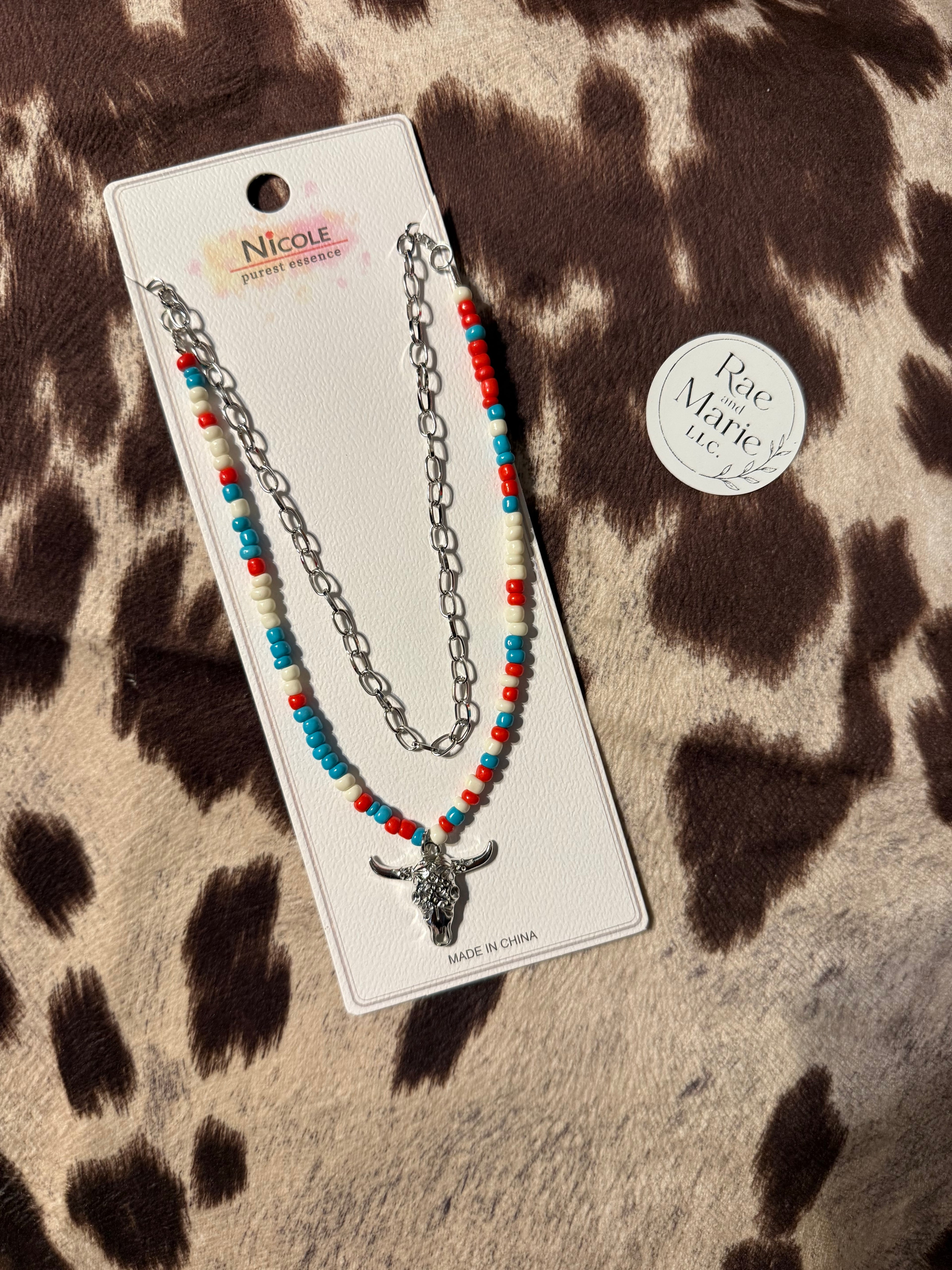 (Silver) Red, White, and Blue Bull Skull Necklace